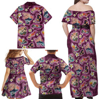 Hawaii Islands Map Design with Japanese Landscape Family Matching Off Shoulder Maxi Dress and Hawaiian Shirt Hawaiian Japan Fusion Art Pink Color LT03 - Polynesian Pride