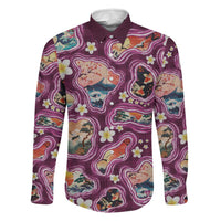 Hawaii Islands Map Design with Japanese Landscape Family Matching Puletasi and Hawaiian Shirt Hawaiian Japan Fusion Art Pink Color LT03 Dad's Shirt - Long Sleeve Pink - Polynesian Pride
