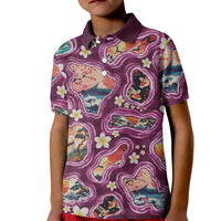 Hawaii Islands Map Design with Japanese Landscape Kid Polo Shirt Hawaiian Japan Fusion Art Pink Color LT03 Kid Pink - Polynesian Pride