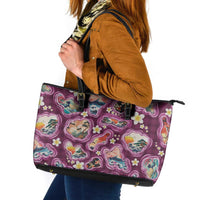 Hawaii Islands Map Design with Japanese Landscape Leather Tote Bag Hawaiian Japan Fusion Art Pink Color