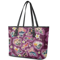 Hawaii Islands Map Design with Japanese Landscape Leather Tote Bag Hawaiian Japan Fusion Art Pink Color