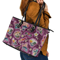 Hawaii Islands Map Design with Japanese Landscape Leather Tote Bag Hawaiian Japan Fusion Art Pink Color