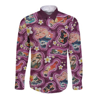 Hawaii Islands Map Design with Japanese Landscape Long Sleeve Button Shirt Hawaiian Japan Fusion Art Pink Color LT03 Unisex Pink - Polynesian Pride