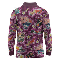 Hawaii Islands Map Design with Japanese Landscape Long Sleeve Polo Shirt Hawaiian Japan Fusion Art Pink Color LT03 - Polynesian Pride