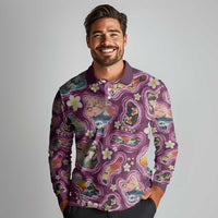 Hawaii Islands Map Design with Japanese Landscape Long Sleeve Polo Shirt Hawaiian Japan Fusion Art Pink Color LT03 - Polynesian Pride