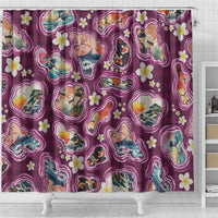 Hawaii Islands Map Design with Japanese Landscape Shower Curtain Hawaiian Japan Fusion Art Pink Color