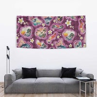 Hawaii Islands Map Design with Japanese Landscape Tapestry Hawaiian Japan Fusion Art Pink Color