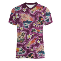 Hawaii Islands Map Design with Japanese Landscape Women V-Neck T-Shirt Hawaiian Japan Fusion Art Pink Color LT03 Female Pink - Polynesian Pride