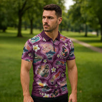 Hawaii Islands Map Design with Japanese Landscape Zipper Polo Shirt Hawaiian Japan Fusion Art Pink Color LT03 - Polynesian Pride