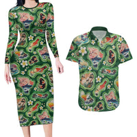 Hawaiian and Japanese Culture Together Couples Matching Long Sleeve Bodycon Dress and Hawaiian Shirt Hawaiian Island Shapes with Japanese Landscape Green Color LT03 Green - Polynesian Pride