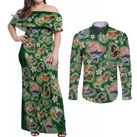 Hawaiian and Japanese Culture Together Couples Matching Off Shoulder Maxi Dress and Long Sleeve Button Shirt Hawaiian Island Shapes with Japanese Landscape Green Color LT03 Green - Polynesian Pride