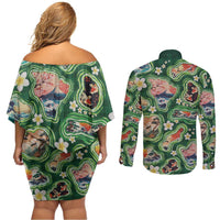 Hawaiian and Japanese Culture Together Couples Matching Off Shoulder Short Dress and Long Sleeve Button Shirt Hawaiian Island Shapes with Japanese Landscape Green Color LT03 - Polynesian Pride