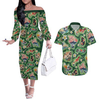 Hawaiian and Japanese Culture Together Couples Matching Off The Shoulder Long Sleeve Dress and Hawaiian Shirt Hawaiian Island Shapes with Japanese Landscape Green Color LT03 Green - Polynesian Pride