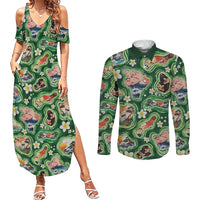 Hawaiian and Japanese Culture Together Couples Matching Summer Maxi Dress and Long Sleeve Button Shirt Hawaiian Island Shapes with Japanese Landscape Green Color LT03 Green - Polynesian Pride