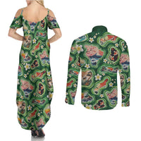 Hawaiian and Japanese Culture Together Couples Matching Summer Maxi Dress and Long Sleeve Button Shirt Hawaiian Island Shapes with Japanese Landscape Green Color LT03 - Polynesian Pride