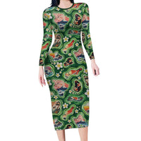 Hawaiian and Japanese Culture Together Family Matching Long Sleeve Bodycon Dress and Hawaiian Shirt Hawaiian Island Shapes with Japanese Landscape Green Color LT03 Mom's Dress Green - Polynesian Pride