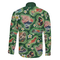 Hawaiian and Japanese Culture Together Family Matching Off The Shoulder Long Sleeve Dress and Hawaiian Shirt Hawaiian Island Shapes with Japanese Landscape Green Color LT03 - Polynesian Pride