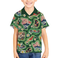 Hawaiian and Japanese Culture Together Family Matching Off The Shoulder Long Sleeve Dress and Hawaiian Shirt Hawaiian Island Shapes with Japanese Landscape Green Color LT03 Son's Shirt Green - Polynesian Pride
