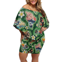 Hawaiian and Japanese Culture Together Family Matching Off Shoulder Short Dress and Hawaiian Shirt Hawaiian Island Shapes with Japanese Landscape Green Color LT03 Mom's Dress Green - Polynesian Pride