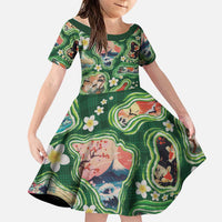 Hawaiian and Japanese Culture Together Family Matching Summer Maxi Dress and Hawaiian Shirt Hawaiian Island Shapes with Japanese Landscape Green Color LT03 Daughter's Dress Green - Polynesian Pride