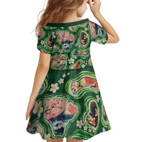 Hawaiian and Japanese Culture Together Kid Short Sleeve Dress Hawaiian Island Shapes with Japanese Landscape Green Color LT03 - Polynesian Pride