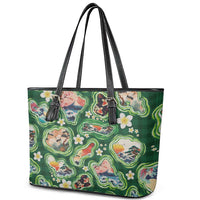 Hawaiian and Japanese Culture Together Leather Tote Bag Hawaiian Island Shapes with Japanese Landscape Green Color LT03 - Polynesian Pride