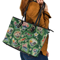 Hawaiian and Japanese Culture Together Leather Tote Bag Hawaiian Island Shapes with Japanese Landscape Green Color LT03 - Polynesian Pride
