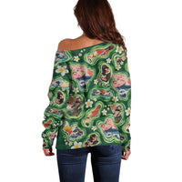 Hawaiian and Japanese Culture Together Off Shoulder Sweater Hawaiian Island Shapes with Japanese Landscape Green Color LT03 - Polynesian Pride