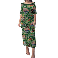 Hawaiian and Japanese Culture Together Puletasi Hawaiian Island Shapes with Japanese Landscape Green Color LT03 Long Dress Green - Polynesian Pride