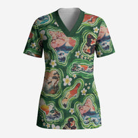 Hawaiian and Japanese Culture Together Scrub Top Hawaiian Island Shapes with Japanese Landscape Green Color LT03 Adult Green - Polynesian Pride