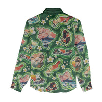 Hawaiian and Japanese Culture Together Women Casual Shirt Hawaiian Island Shapes with Japanese Landscape Green Color LT03 - Polynesian Pride