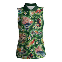 Hawaiian and Japanese Culture Together Women Sleeveless Polo Shirt Hawaiian Island Shapes with Japanese Landscape Green Color LT03 Female Green - Polynesian Pride