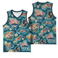 Hawaiian and Japanese Culture Together Basketball Jersey Hawaiian Island Shapes with Japanese Landscape Teal Color LT03 - Polynesian Pride
