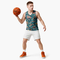 Hawaiian and Japanese Culture Together Basketball Jersey Hawaiian Island Shapes with Japanese Landscape Teal Color LT03 - Polynesian Pride