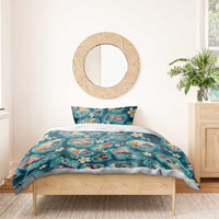 Hawaiian and Japanese Culture Together Bedding Set Hawaiian Island Shapes with Japanese Landscape Teal Color LT03 - Polynesian Pride