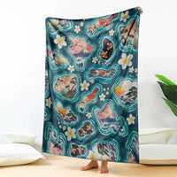 Hawaiian and Japanese Culture Together Blanket Hawaiian Island Shapes with Japanese Landscape Teal Color LT03 - Polynesian Pride