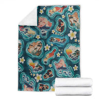 Hawaiian and Japanese Culture Together Blanket Hawaiian Island Shapes with Japanese Landscape Teal Color LT03 - Polynesian Pride