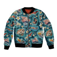 Hawaiian and Japanese Culture Together Bomber Jacket Hawaiian Island Shapes with Japanese Landscape Teal Color LT03 Unisex Teal - Polynesian Pride