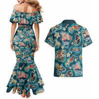 Hawaiian and Japanese Culture Together Couples Matching Mermaid Dress and Hawaiian Shirt Hawaiian Island Shapes with Japanese Landscape Teal Color LT03 - Polynesian Pride