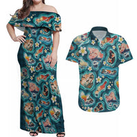 Hawaiian and Japanese Culture Together Couples Matching Off Shoulder Maxi Dress and Hawaiian Shirt Hawaiian Island Shapes with Japanese Landscape Teal Color LT03 Teal - Polynesian Pride