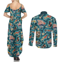 Hawaiian and Japanese Culture Together Couples Matching Summer Maxi Dress and Long Sleeve Button Shirt Hawaiian Island Shapes with Japanese Landscape Teal Color LT03 - Polynesian Pride