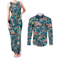 Hawaiian and Japanese Culture Together Couples Matching Tank Maxi Dress and Long Sleeve Button Shirt Hawaiian Island Shapes with Japanese Landscape Teal Color LT03 Teal - Polynesian Pride