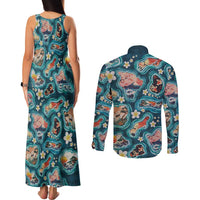 Hawaiian and Japanese Culture Together Couples Matching Tank Maxi Dress and Long Sleeve Button Shirt Hawaiian Island Shapes with Japanese Landscape Teal Color LT03 - Polynesian Pride