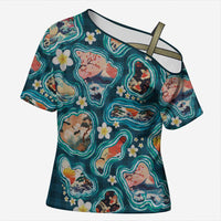 Hawaiian and Japanese Culture Together Cross Shoulder Shirt Hawaiian Island Shapes with Japanese Landscape Teal Color LT03 Female Teal - Polynesian Pride