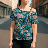 Hawaiian and Japanese Culture Together Cross Shoulder Shirt Hawaiian Island Shapes with Japanese Landscape Teal Color LT03 - Polynesian Pride