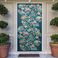 Hawaiian and Japanese Culture Together Door Cover Hawaiian Island Shapes with Japanese Landscape Teal Color LT03 Teal - Polynesian Pride