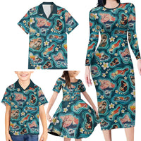 Hawaiian and Japanese Culture Together Family Matching Long Sleeve Bodycon Dress and Hawaiian Shirt Hawaiian Island Shapes with Japanese Landscape Teal Color LT03 - Polynesian Pride