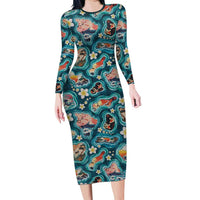 Hawaiian and Japanese Culture Together Family Matching Long Sleeve Bodycon Dress and Hawaiian Shirt Hawaiian Island Shapes with Japanese Landscape Teal Color LT03 Mom's Dress Teal - Polynesian Pride