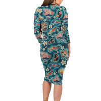 Hawaiian and Japanese Culture Together Family Matching Long Sleeve Bodycon Dress and Hawaiian Shirt Hawaiian Island Shapes with Japanese Landscape Teal Color LT03 - Polynesian Pride
