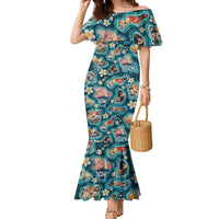 Hawaiian and Japanese Culture Together Family Matching Mermaid Dress and Hawaiian Shirt Hawaiian Island Shapes with Japanese Landscape Teal Color LT03 Mom's Dress Teal - Polynesian Pride